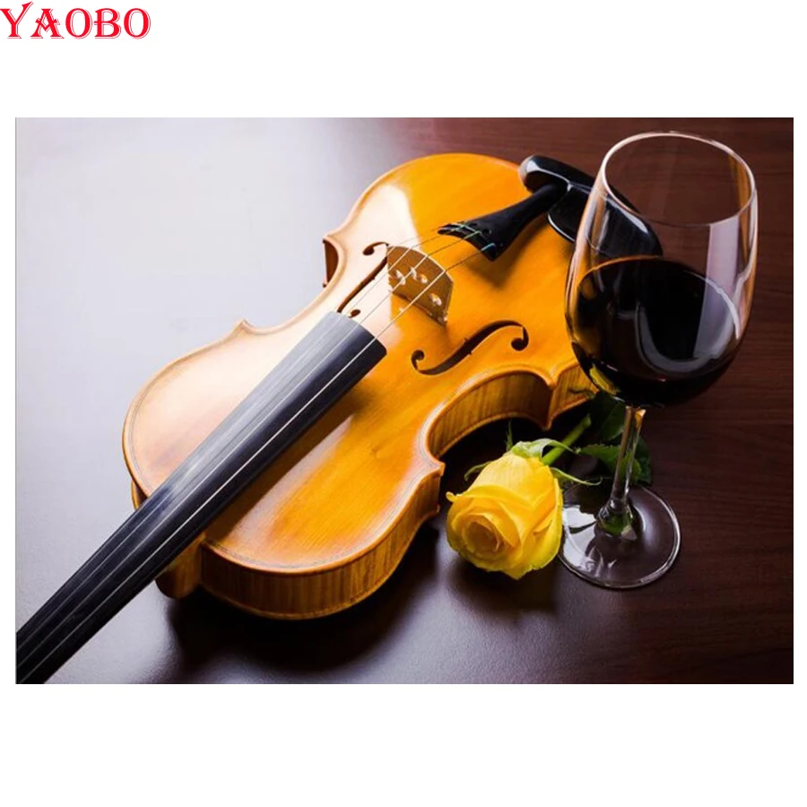 Diy Diamond Painting Cross Stitch Romantic Violin Rose And Red Wine Embroidery Handwork 5D Full Mosaic Decor | Дом и сад