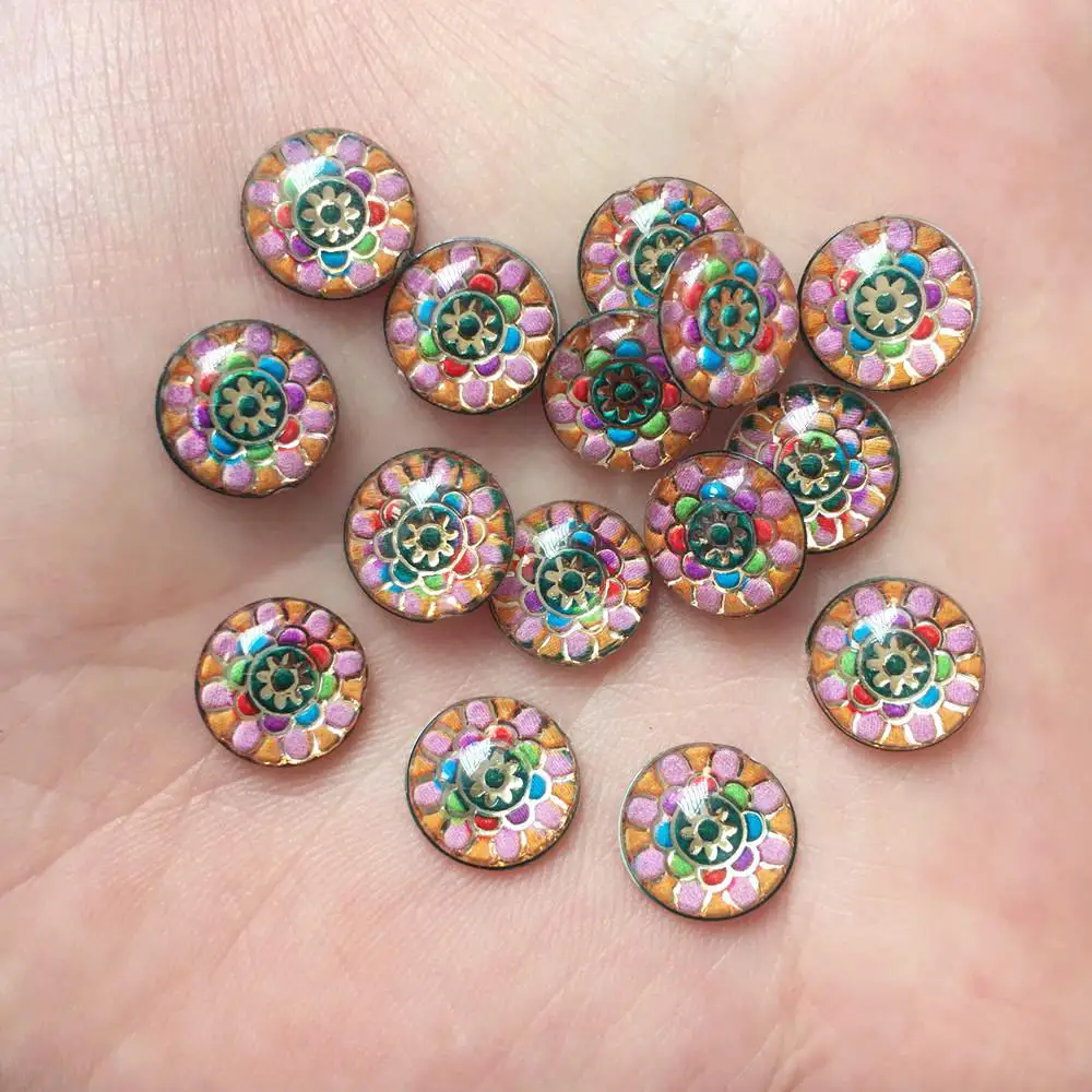 라운드 컬러풀 플라워 플랫 백 라인스톤 아플리케, DIY 웨딩 스크랩북 공예, SW41, 수지 10mm, 80 개, 신제품