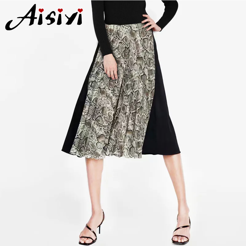 Винтажная Женская плиссированная юбка со змеиным принтом в стиле пэчворк, эластичная Юбка До Колена с высокой талией, вечерние юбки на молнии сбоку, женская повседневная юбка