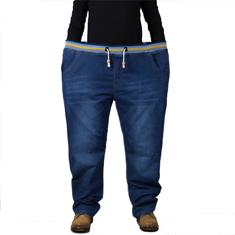 Jeans men elastic waist plus size full length denim pants very big size 36 to 48