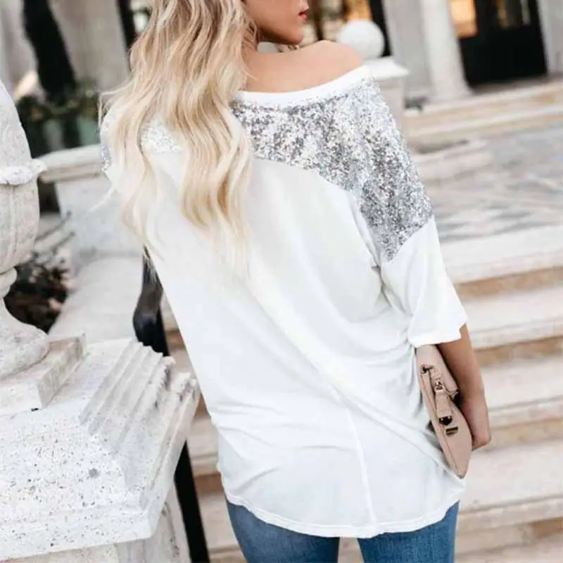 Women Summer Loose Sparkly Sequins Pocket Patched Casual Off Shoulder T-Shirt Top Party Tee Shirt Tops Women Summer Loose Sparkly Sequins Pocket Patched Casual Off Shoulder T-Shirt Top Party Tee Shirt Tops