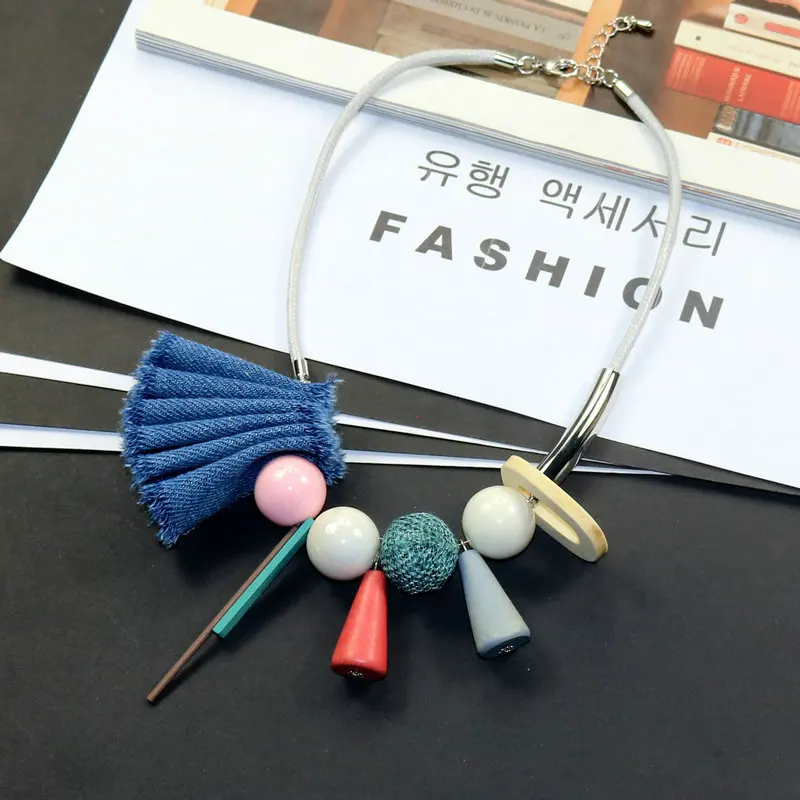 

EAM Jewelry / 2019 New Fashion Temperament Contrast Wood Denim Pendant Necklace Personality All-match Women's Accessories S#N252
