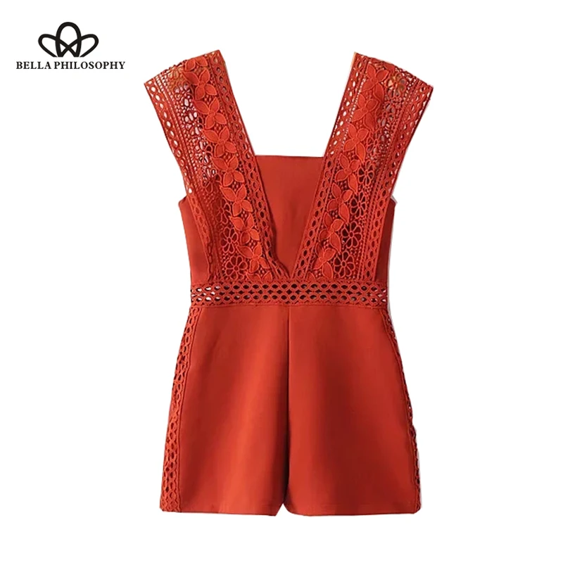 Wonder 2018 new summer hollow out solid women playsuit zipper loose waist female jumpsuit sexy lace backless ladies rompers