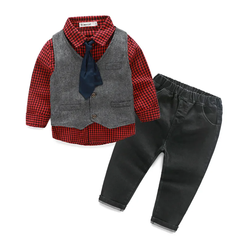 2017 г., Осенние хлопковые клетчатые рубашки с длинными рукавами и галстуком для мальчиков, красный жилет, джинсовый костюм модная детская