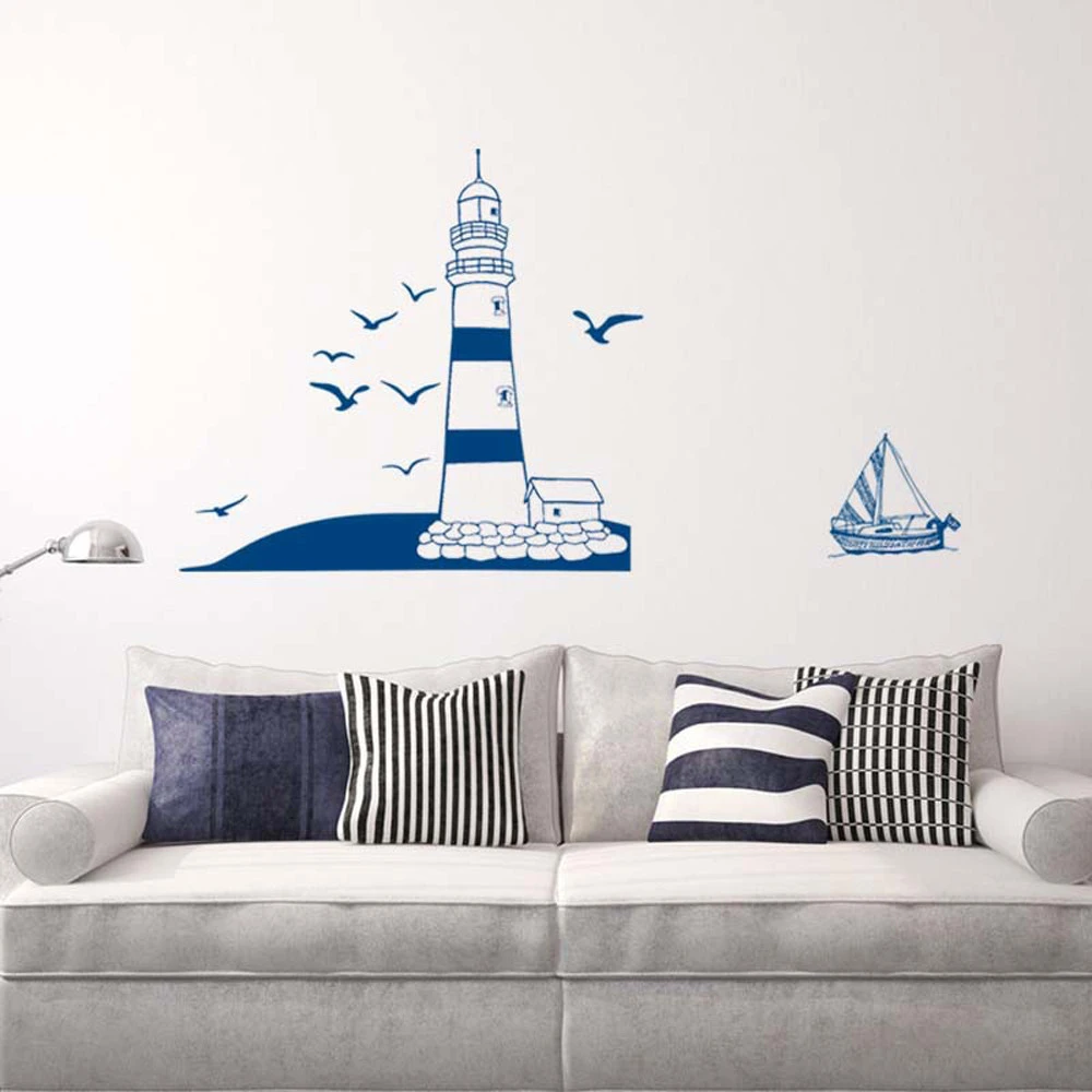 Sea Sailboat Lighthouse Wall Sticker Living Room Background Art Decal Home Decor Sea Sailboat Lighthouse Wall Sticker Living Room Background Art Decal Home Decor