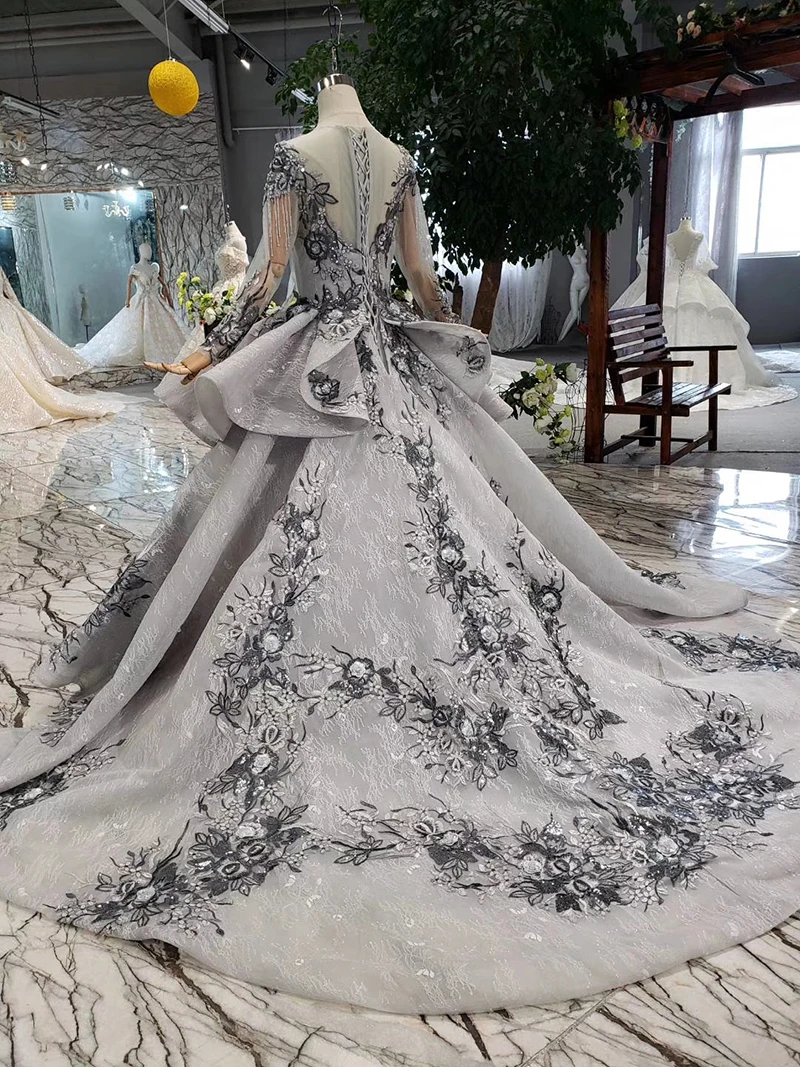 HTL319B Grey evening dresses long for women o-neck long sleeves lace up muslim formal prom dress with train promotion discount