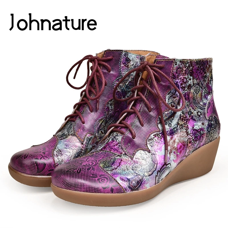 

Johnature Genuine Leather Ankle Boots Zipper Round Toe Wedges New Autumn/Winter Print Cross-tied Flower Women Shoes Boots