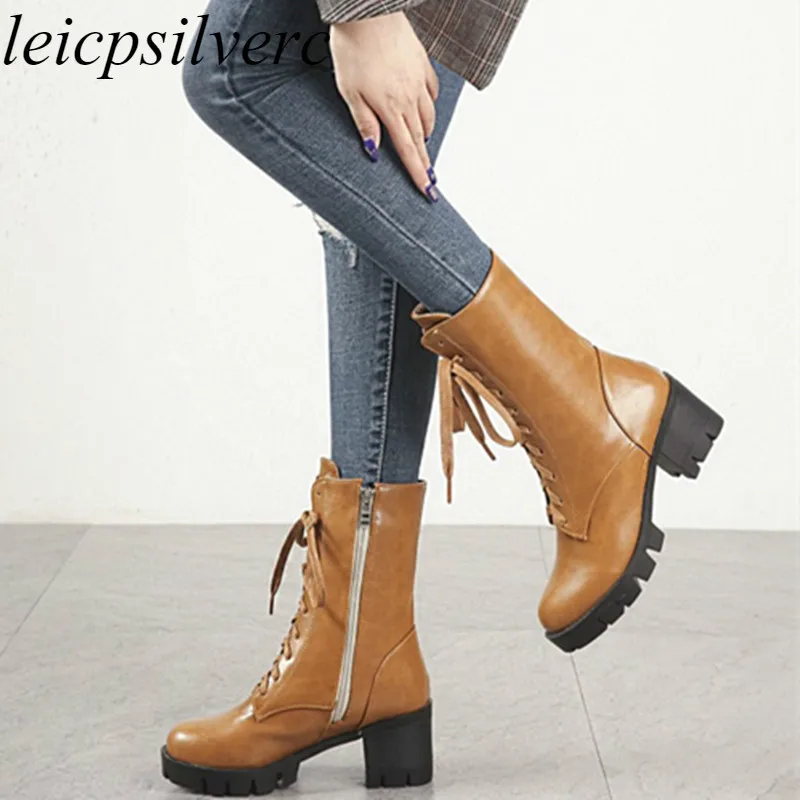 

Women Boots Autumn Winter Warm High Heel Pu Lace Up Platform Zip 2017 New Sexy Fashion Mid-Calf Motorcycle Black Gray Yellow