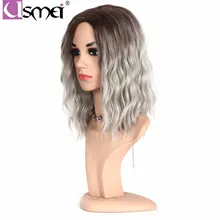 USMEI, натуральные волнистые парики, 130% плотность, синтетические парики для женщин, короткая длина, серый парик, косплей, жаропрочное волокно, 16 дюймов, волосы