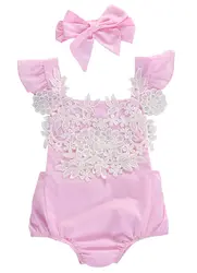 Розовый детский комплект из 2 предметов, комбинезон без рукавов для новорожденных девочек, кружевной Цветочный комбинезон костюмы на