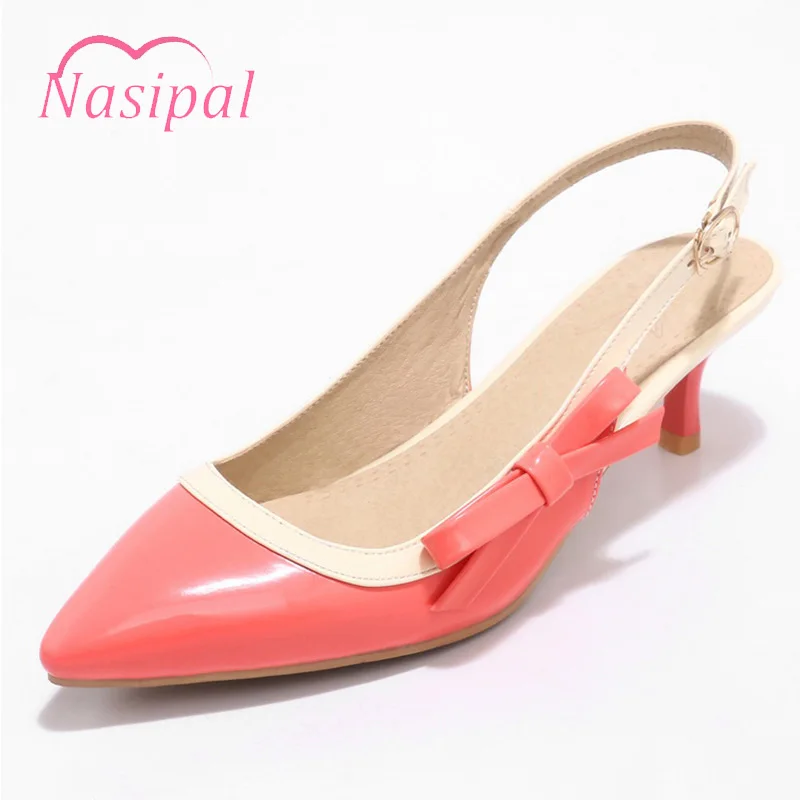 

Nasipal Women Pumps Pointed Toe Sweet Bow Tie Patent Leather High Heels Elegant SlingBack Shallow Ladies Shoes Size 32-46 C312