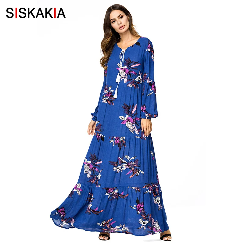 

Siskakia elegant ladies Vintage print swing dress Plus size draped design maxi long dress Blue high waist Spring Autumn Fall UAE