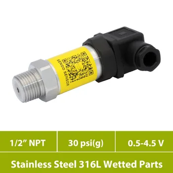 

signal 0.5 4.5V, pressure sensor, 0 to 30psi, 1 2NPT thread, IP 65, diaphragm stainless steel 316L wetted parts, 5Volt dc supply
