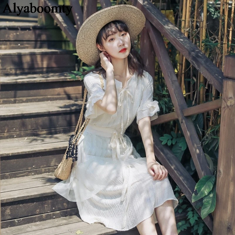 

Korean Style Summer Women Princess Dress Solid Chiffon Layered Ruffles Vestidos Femininos Flare Sleeve Tulle Sashes Long Dresses