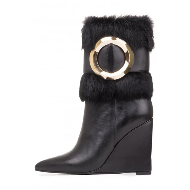 Hardware Pelz 2018 Mode Schwarzes Warm Spitze Plüsch Gold Fsj Schwarz Partei Dicken Winter Botines Schuhe Stiefeletten Metall Mujer Zehen Keile Pwx4dgCq