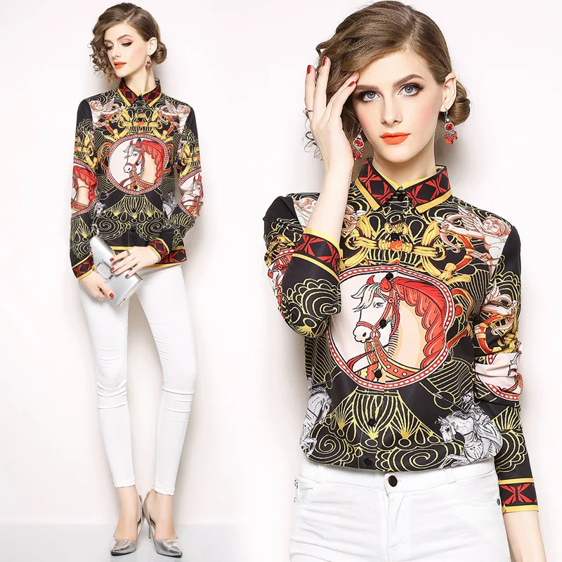 2019 جديد كامل الأكمام عارضة رواج الشيفون طباعة قميص الربيع الصيف ضئيلة مزاجه بلوزة ملابس نسائية A10-32