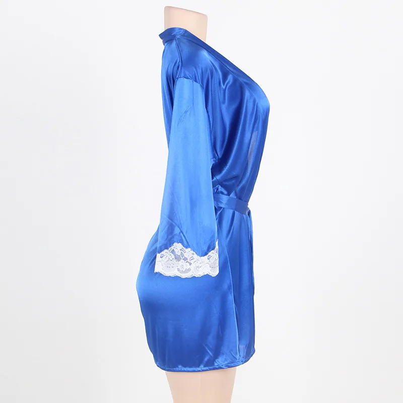 Половина рукава Для женщин Ночное халаты цвет: черный, синий одноцветное шелковые кимоно Mujer с пояс плюс Размеры v-образным вырезом женские