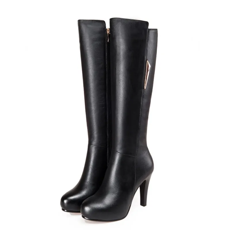 

Genuine Leather Knee High Boots Women Thin High Heels Round Toe Women Shoes Metal Decoration Rhinestone Shoes Women