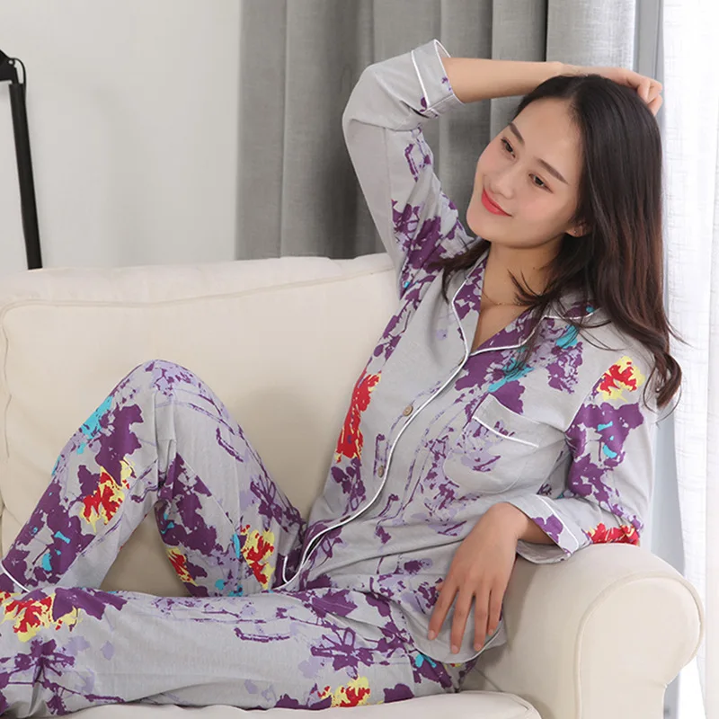 

New Purple Long Sleeved Pyjamas Women 100% Cotton Pijama Mujer Japanese Pajama Set Full Length 2 Piece Women Wear House Clothing