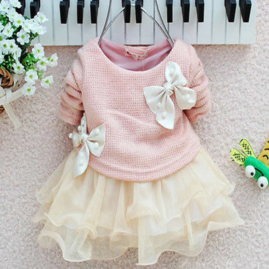 Casual Infant Baby Girls Dress Knit Long Sleeve Sweater Tops Bow Lace