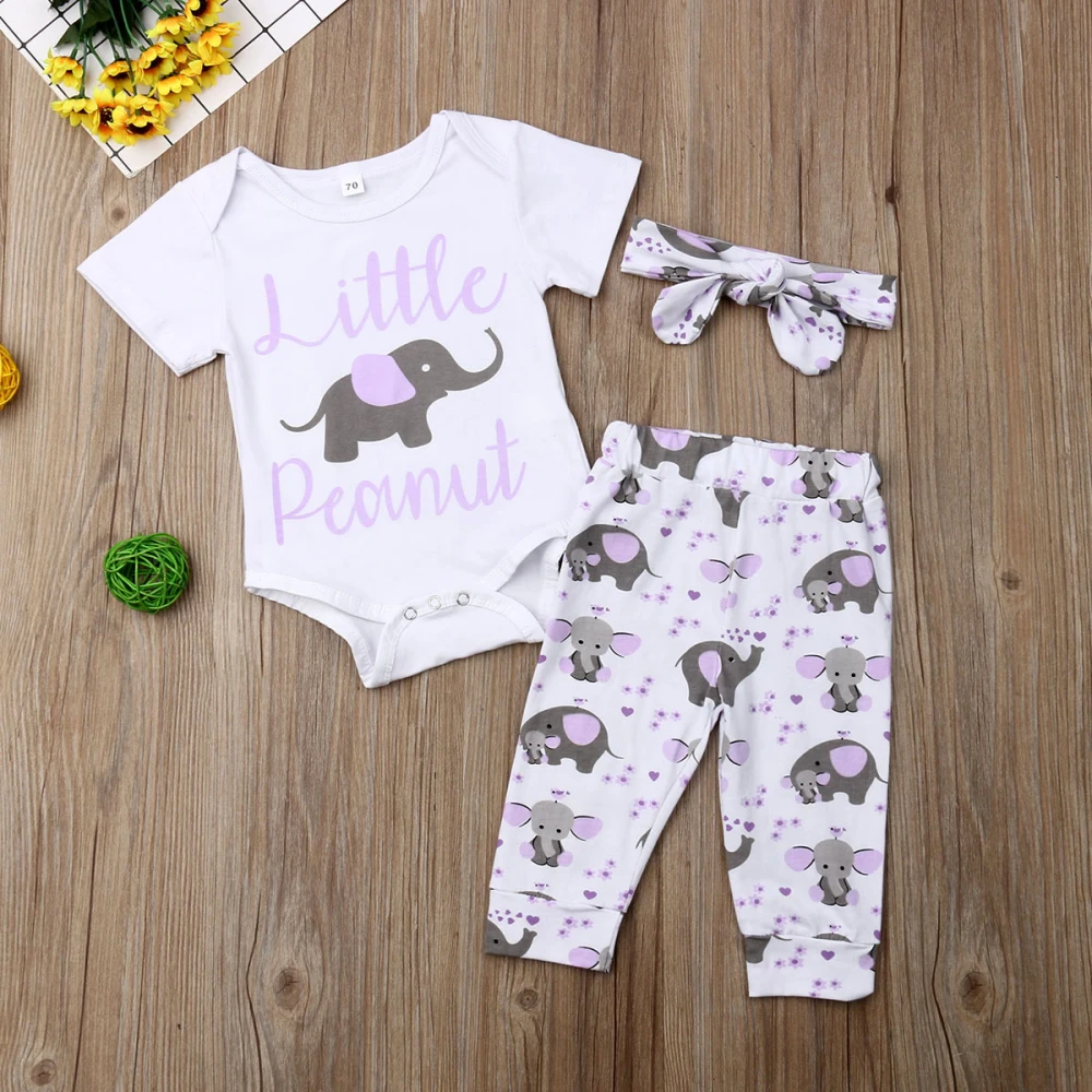 

Little Newborn Baby Boy Girl 0-24M Short Sleeve Elephant Print Cotton Bodysuit Tops Long Pant Headband 3PCS Summer Clothes Set