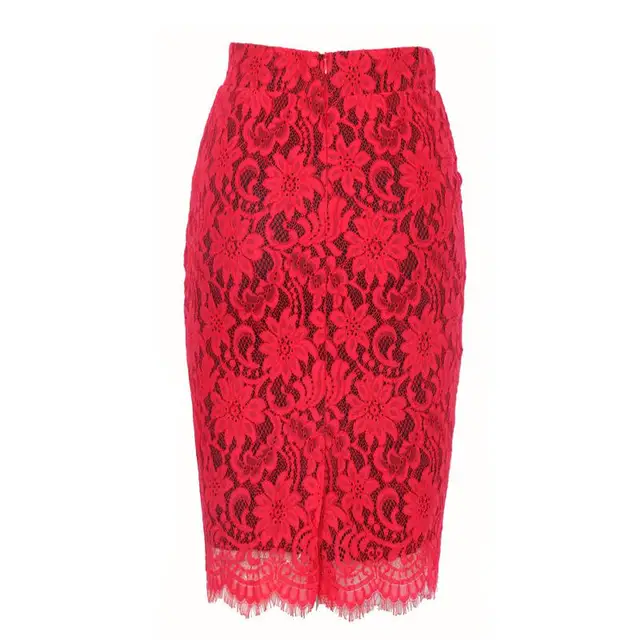 Plus Size Women Skirts Red Lace Solid Slim Pencil High Waist Wrap Skirt ...