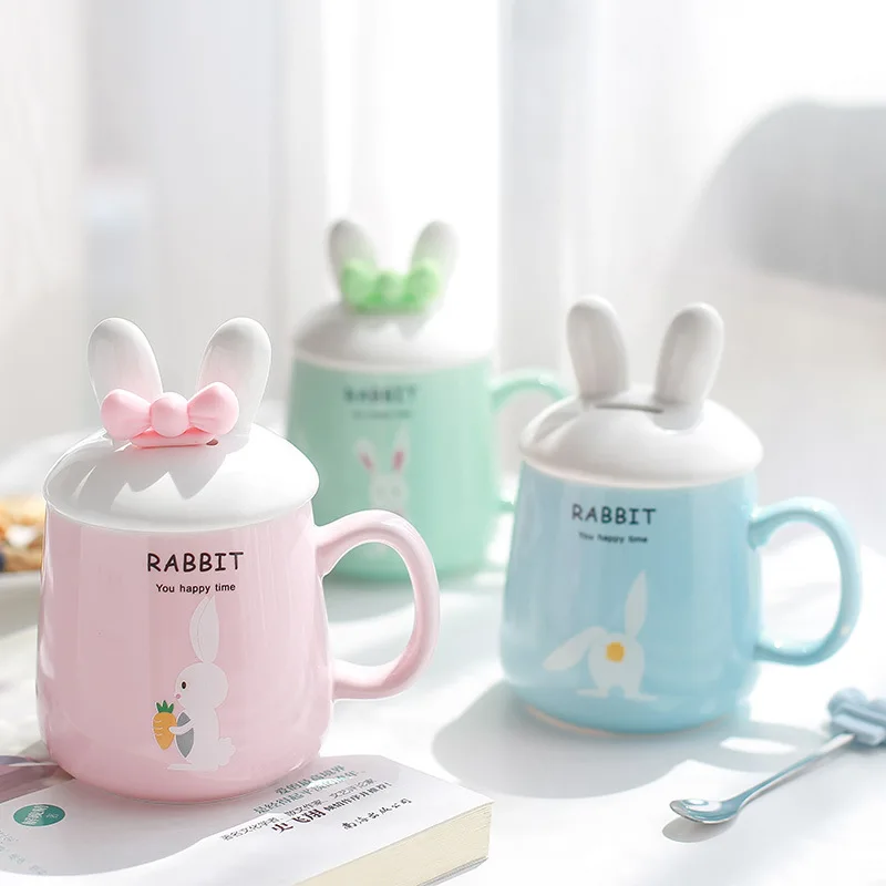 Каваи 3D мультфильм кролик керамическая кофейная кружка с крышкой и бантом ложка