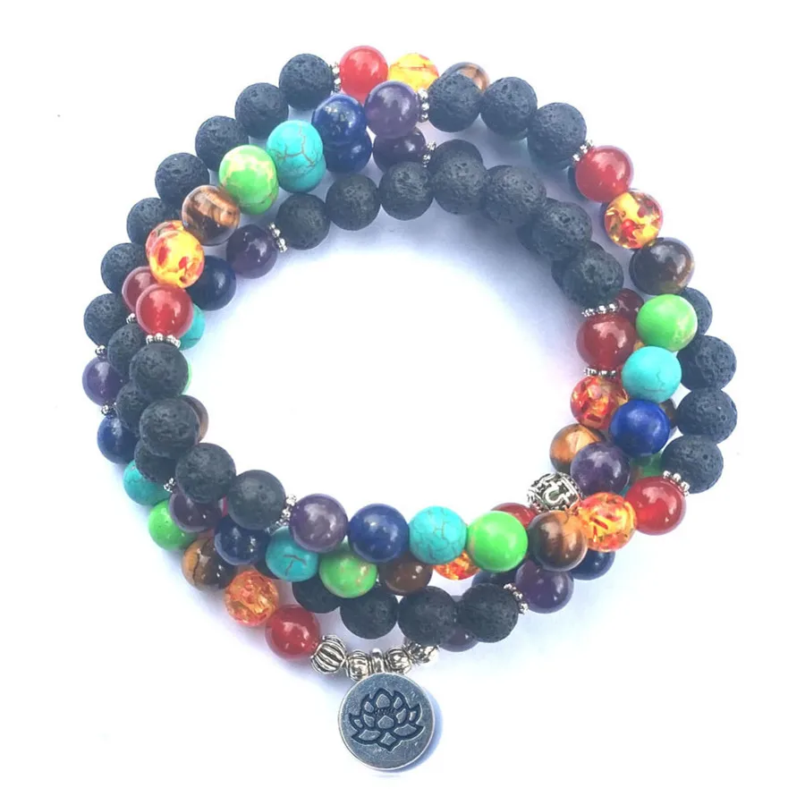 

DIEZI Multi Color 7 Chakra 108 Mala Lava Beads Bracelets Yoga Reiki Prayer Lotus Buddha Charm Strand Bracelet For Women Men