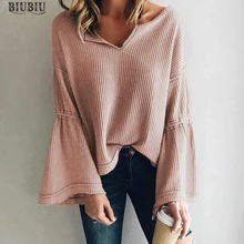 BIUBIU сексуальные трикотажные футболки с v-образным вырезом Женские однотонные свободные топы с широкими расклешенными рукавами женские повседневные Весенние футболки женские топы