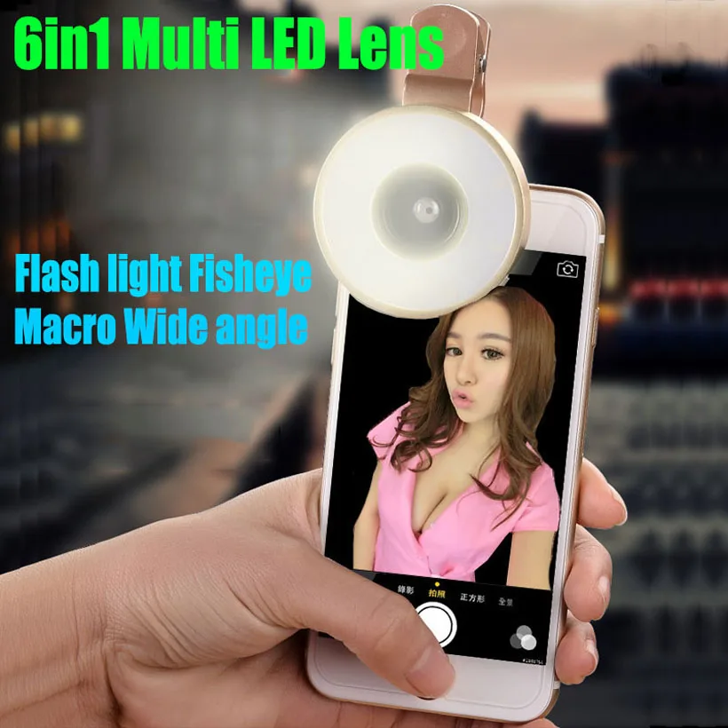 

6in1 LED Flashlight Fisheye Fish Eye Lenses Wide Angle Macro Phone Lens For Samsung Galaxy S3 S4 S5 S6 S7 edge ZTE blade v7 lite