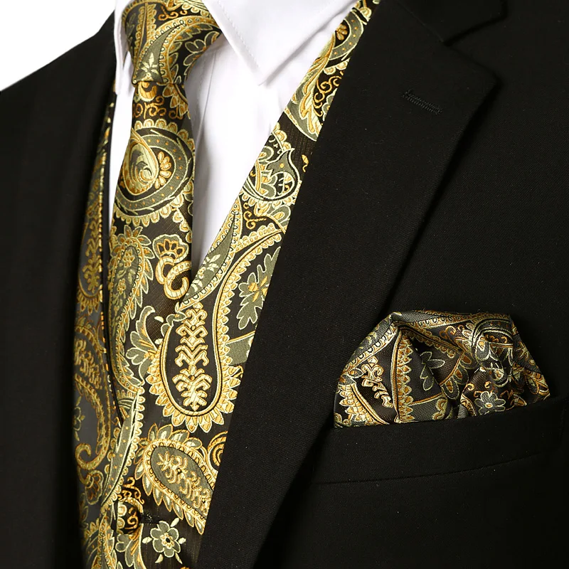 Брендовый Золотой мужской костюм, жилет+ галстук+ карман, квадратный, комплект из 3 предметов, цветочный рисунок Пейсли, без рукавов, для свадьбы, мужские вечерние жилеты для клуба, выпускного, Homme