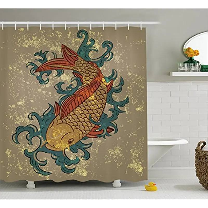 

Vixm Japanese Decor Shower Curtain Grunge Asian Style Oriental Cold Water Koi Carp Fish Aquatic On Distressed Bath Curtains