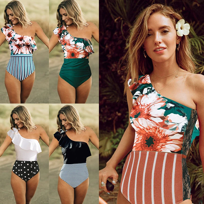 

Women Sexy One Shoulder Ruffle Swimwear 2019 Lace One Piece Swimsuit Black White Striped Bathing Suit Beachwear For Summer
