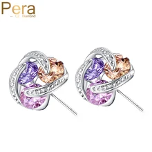 Pera модные вращающиеся дизайнерские серьги с ушками, милые ювелирные изделия с геометрическими 3 круглыми розовыми желтыми фиолетовыми кристаллами для женщин, вечерние серьги-гвоздики E333