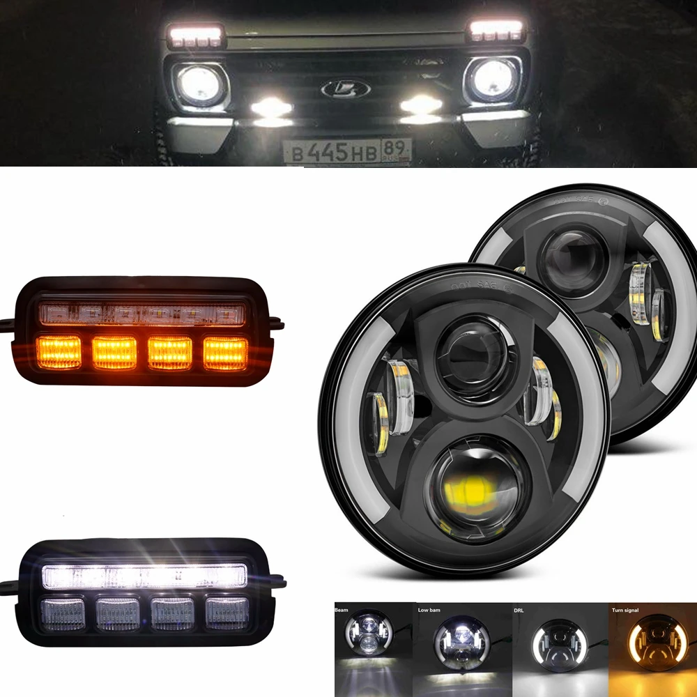 

LED Daytime Running Light for Lada Niva 4x4 DRL H4 Headlight 7 inch Led Headlamp White Angel Eyes Amber Turn Signal For Lada 4X4