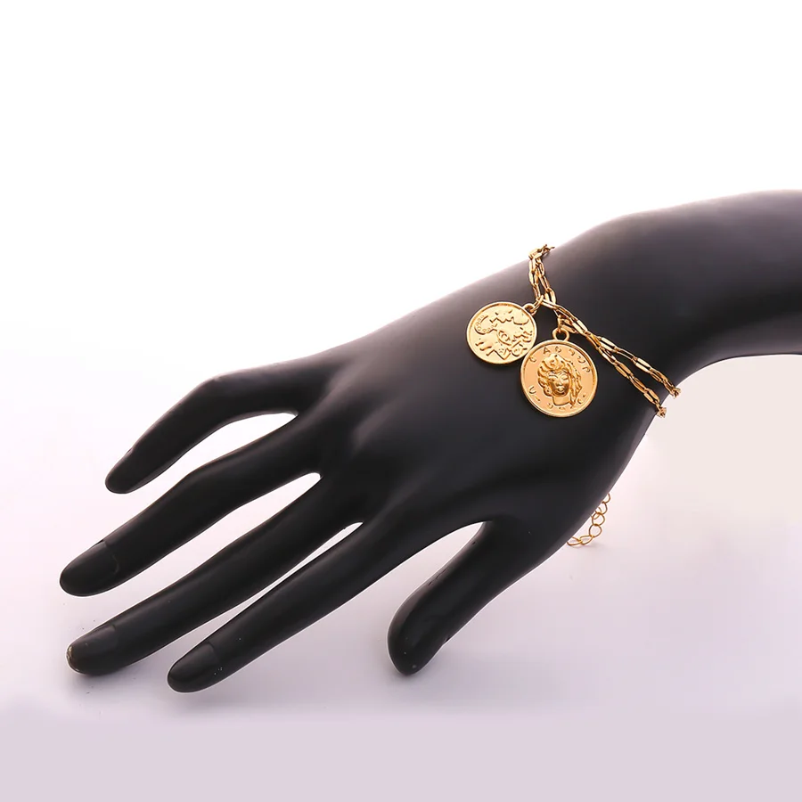 IngeSight. Z Винтаж 2 комплекта трехмерная рельефная монета с портретом Кулоны Браслет Модные женские ручной цепи манжеты ювелирные изделия для женщин - Окраска металла: Golden