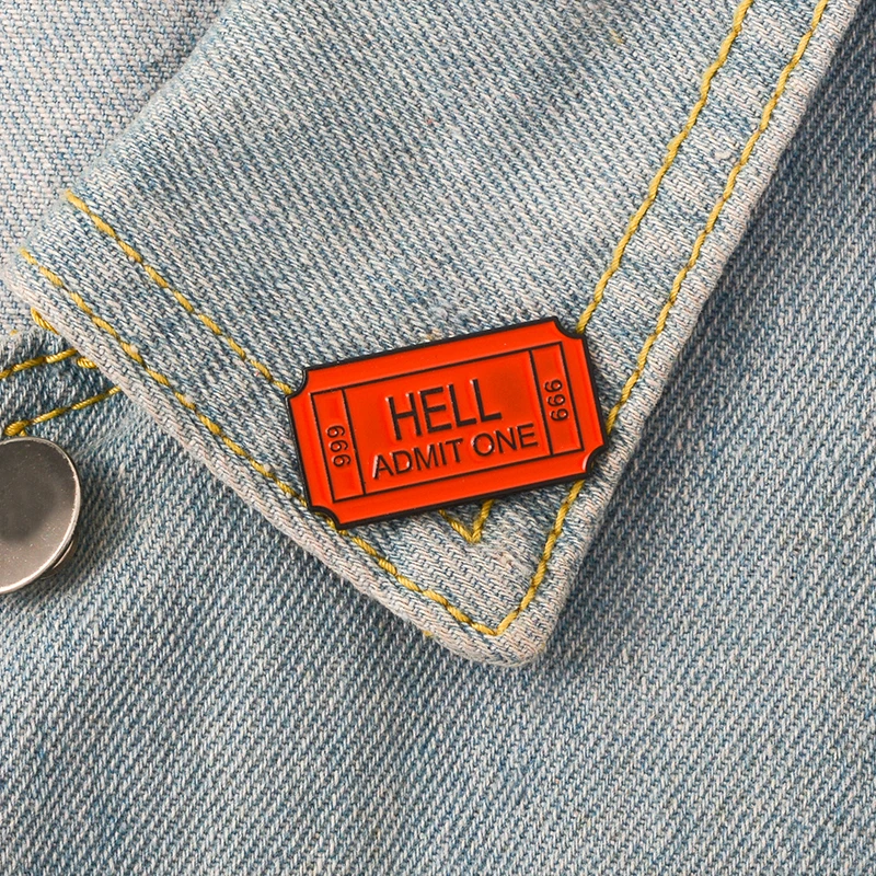 

Hell Admit One ticket 666 Red Orange Enamel Brooches Badges Lapel pins Brooches for women Female jewelry Accessories