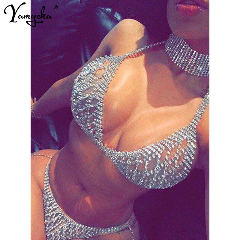 Chain Bodysuit Lace-Up Sequin Women Party-Overalls Club Metal Sexy Luxury Chest Bling