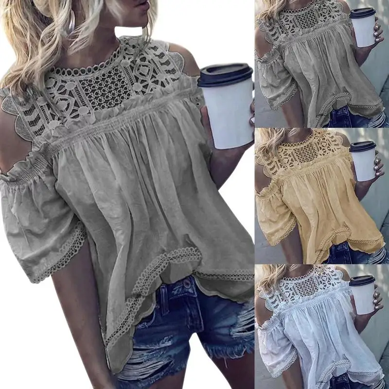 انفجار نماذج السيدات جولة الرقبة الكتف الجوف بلوزة قبالة الكتف الدانتيل السيدات كم قميص Femininas الملابس جديد