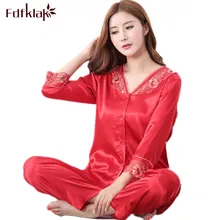 Fdfklak пижамы большого размера наборы Эротическое нижнее белье Весна Лето v-образным вырезом из искусственного шелка женская пижама Pijama Mujer спортивный костюм Q528