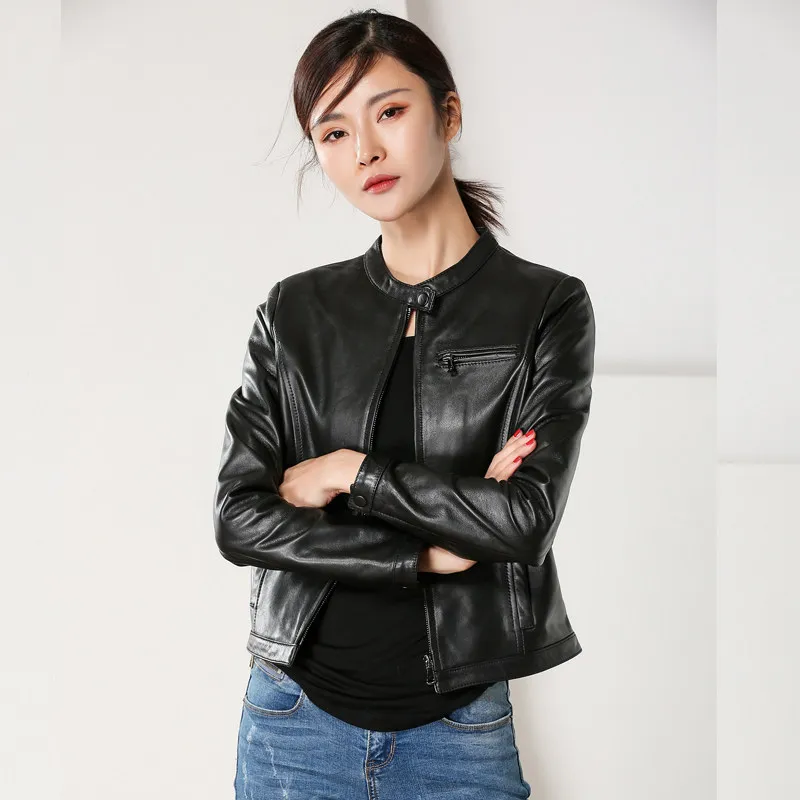 

Genuine leather jacket Fashion Short sheepskin locomotive Genuine Leather tops women Black basis Outerwear 2018