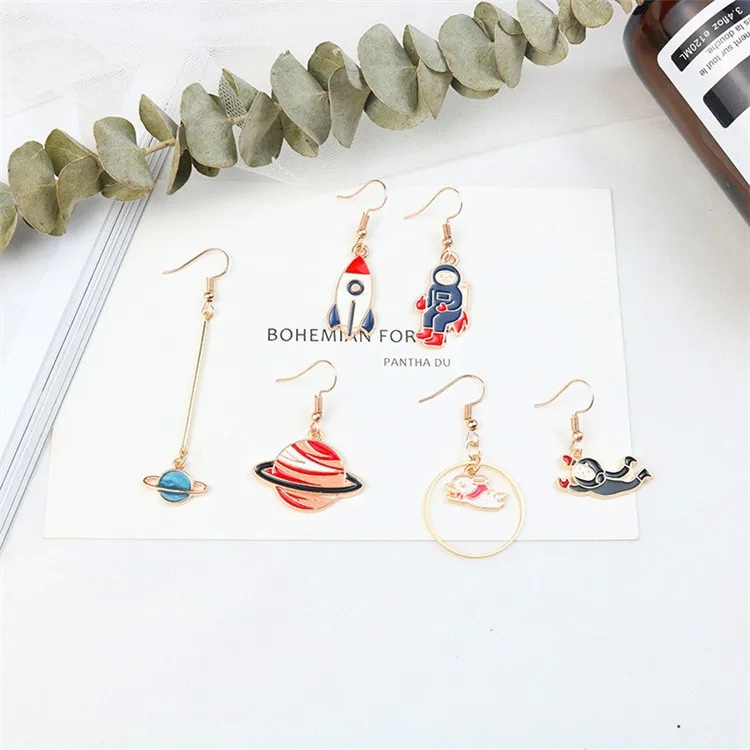 

New Design Asymmetric Drop earrings For Women Trendy Bijoux Creative Space Universe planet astronauts earring girl jewelry gift