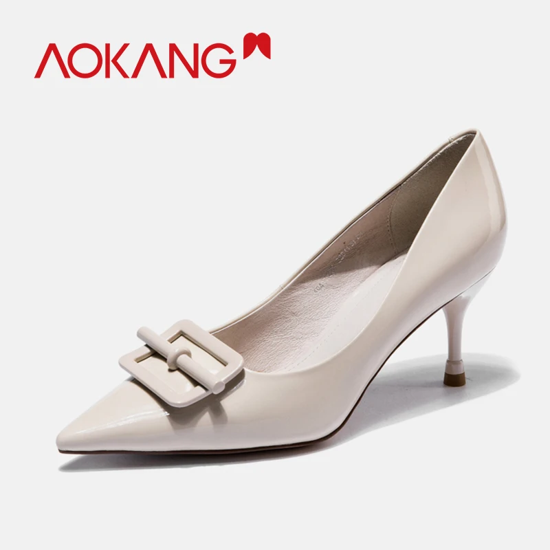 

AOKANG 2019 High heels pumps women Pointed Toe Sexy shoes woman Patent Leather Buckle ladies Dress pumps Spring/Autumn shoes