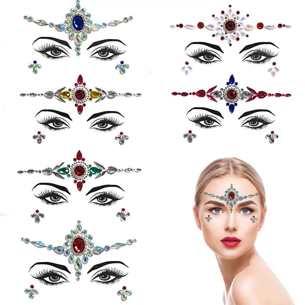 

FEECOLOR SET OR 6 Acrylic Crystal Glitter Stickers Face Jewels Rainbow Tears Rhinestone Eye Decoration for Party, Rave Festival