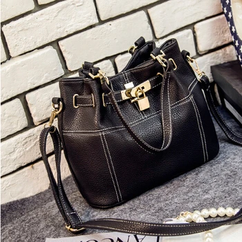 

ANAWISHARE Designer Women Handbag Leather Drawstring Bucket Shoulder Bag Black Crossbody Messenger Bags Gold Lock Bolsa Feminina