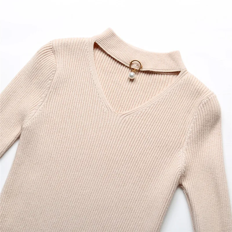 New 2019 Autumn and Winter Women Pearl Beaded Sweater V-Neck Long Sleeve Slim Women Knit Sweater and Pullover D234