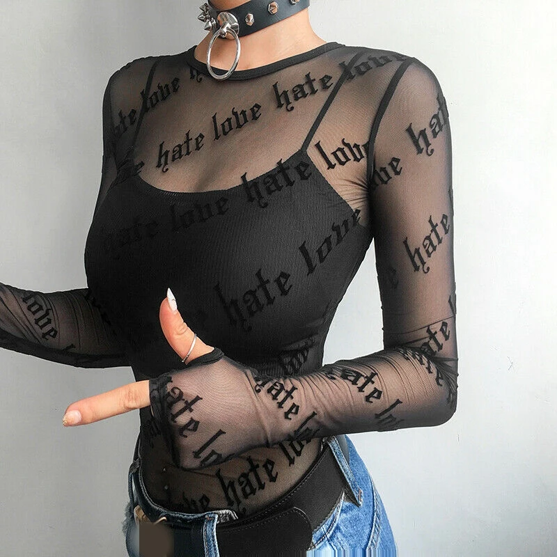 Sexy Gothic Punk Women Mesh Lace T-Shirts See-through Perspective Letter Print Long Sleeve Stretch Tops