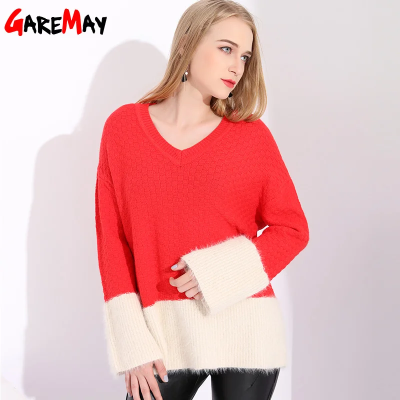 Garemay Women's Mohair Knitted Sweater Female Womens Oversized Sweaters And Pullovers V Neck Loose Patchwork Red | Женская одежда