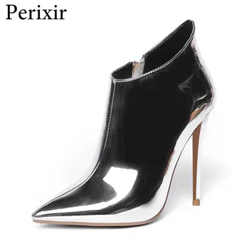 

Gold Silver Women Winter Shoes Patent Leather Motorcycle Boots Ladies Ankle Boots Spring Autumn Thin High Heels Boots Size 33-43