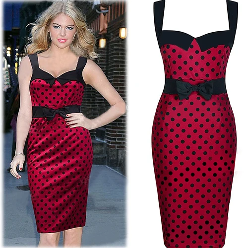 

Women Summer Vintage Polka Dots Sexy Sleeveless Bodycon Knee Length Pencil Dress